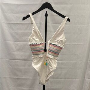 White Multicolor Women Swim One Piece